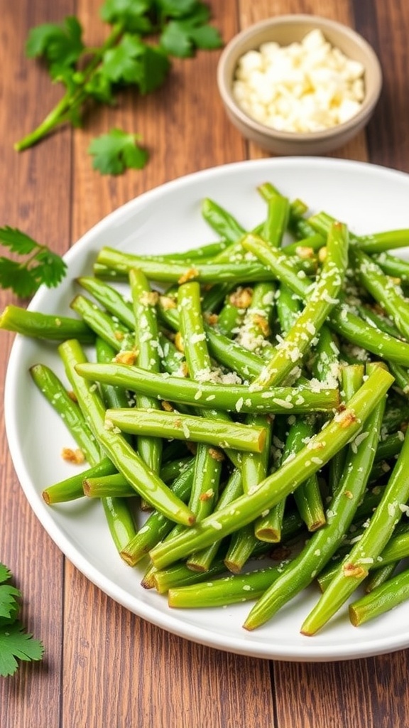 Crispy Air Fryer Garlic Parmesan Green Beans Crispy air fryer garlic parmesan green beans garnished with parmesan cheese on a rustic table.